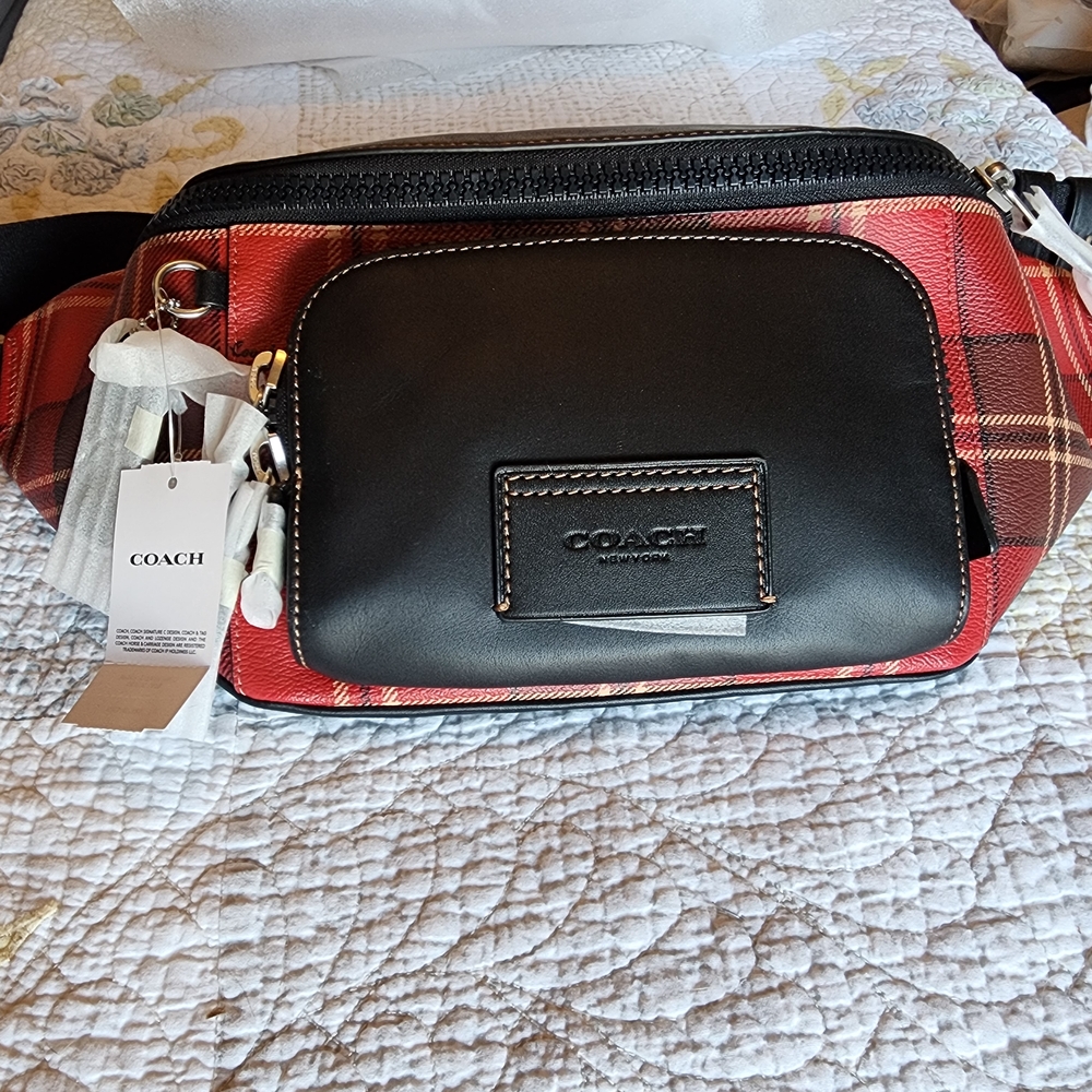 Coach Women's Red and Black Plaid Belt Bag